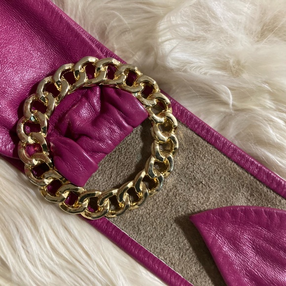 80s Lambskin Belt Fuchsia w/ Round Gold Chain Buckle Vintage - Picture 2 of 6